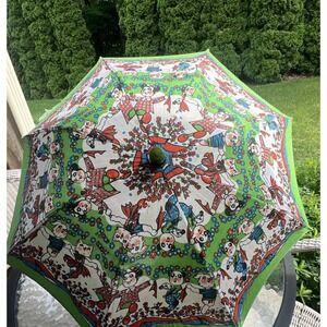 VTG Chinese Childrens Parasol Umbrella Cloth &‎ Wood Doll Handle Swallow Brand